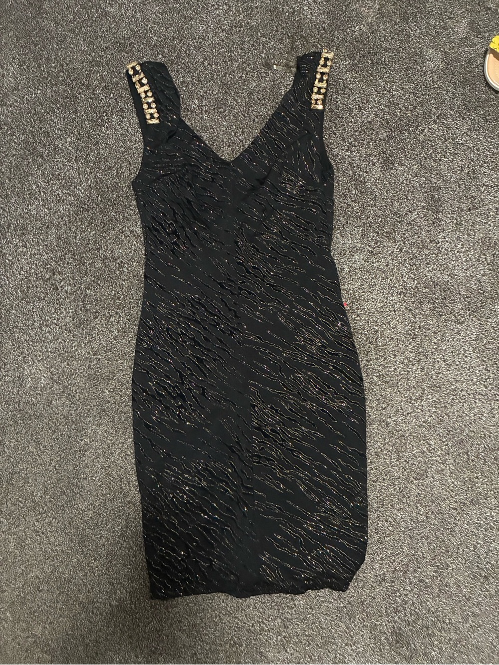 Black Metallic-Thread V-Neck Mini Dress with Gold-Stud Straps